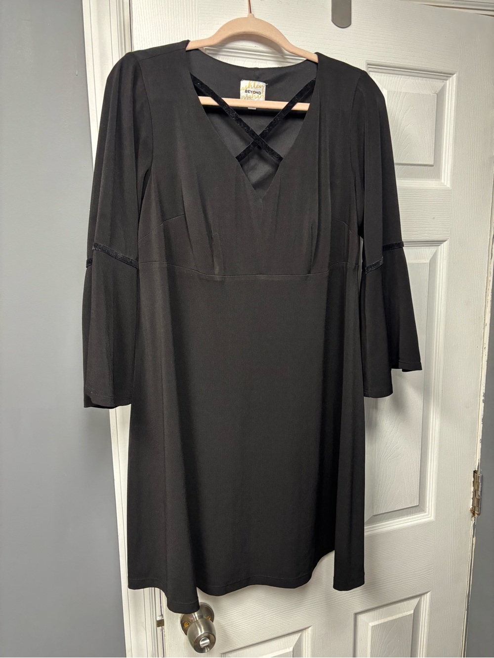 Ashley Graham Black V-Neck Midi Dress with Crisscross Detail